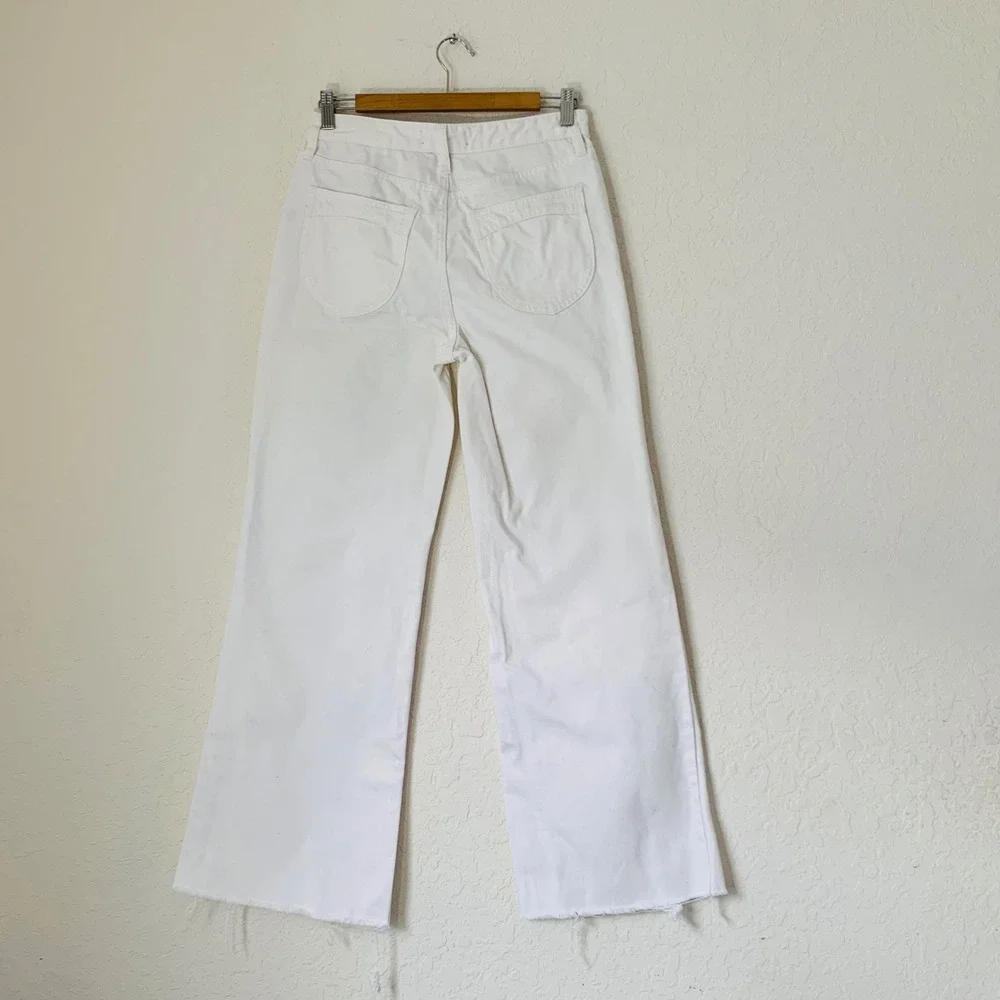 Free People Jeans High Rise Straight Flare 28 White Button Fly Raw Hem Coastal